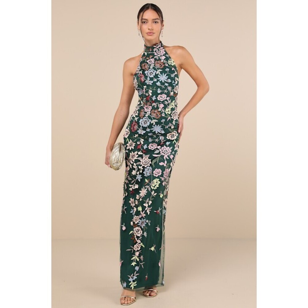 Lulus Infinite Praise Emerald 3d Floral Embroidered Halter Maxi Dress Green